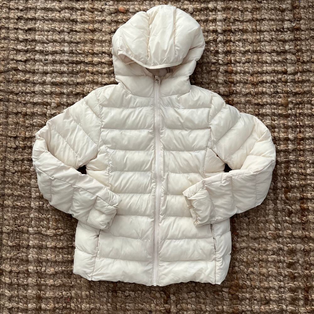 UNIQLO Kids PUFFTECH Washable Parka Size 9-10 Ivory White Hooded Puffer Jacket